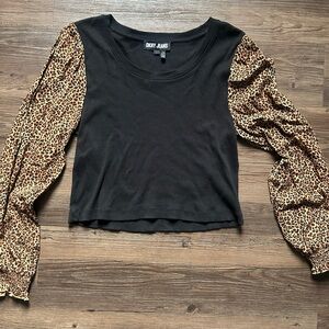 DKNY Black Top with Leopard Print Sleeves